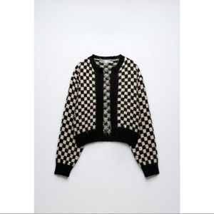 Zara Cropped Knit Black & White Checkered Cardigan Sweater